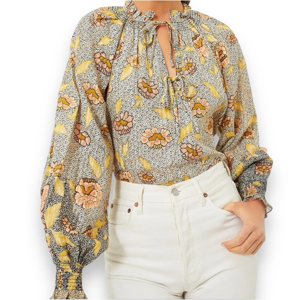 ULLA JOHNSON Kaitlyn Chrysanthemum Tie Neck Blouse Size 0